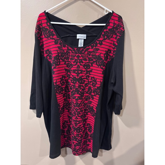 Catherines Tops - Catherines Womens 1X 18/20W Red Black Scroll Beaded 3/4 Sleeve Knit Top